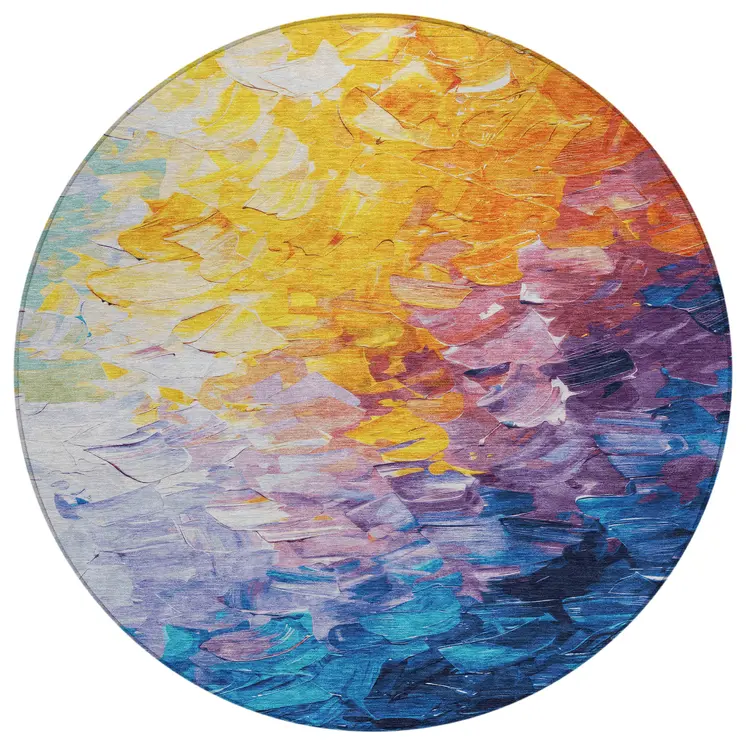 8' Gold Yellow Teal Blue And Lavender Round Abstract Washable Indoor Outdoor Area Rug