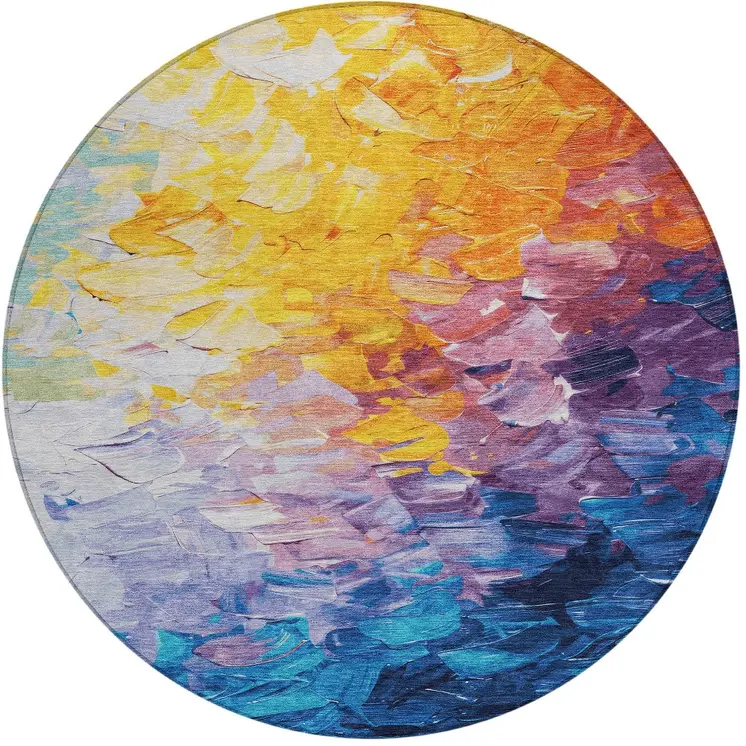 8' Gold Yellow Teal Blue And Lavender Round Abstract Washable Indoor Outdoor Area Rug