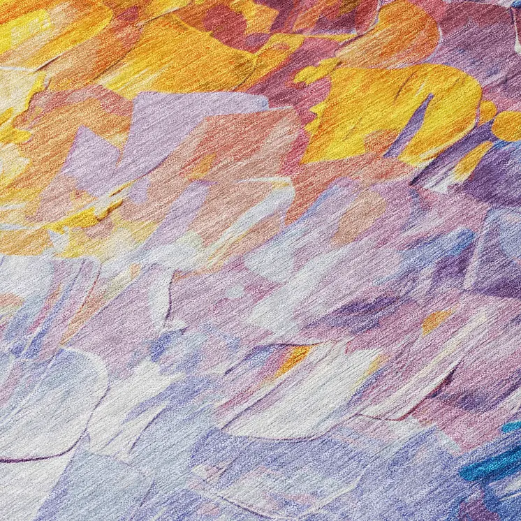 8' Gold Yellow Teal Blue And Lavender Round Abstract Washable Indoor Outdoor Area Rug