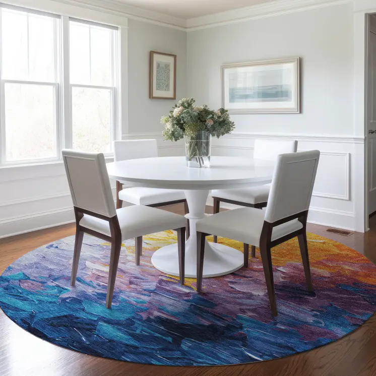 8' Gold Yellow Teal Blue And Lavender Round Abstract Washable Indoor Outdoor Area Rug