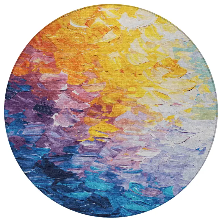 8' Gold Yellow Teal Blue And Lavender Round Abstract Washable Indoor Outdoor Area Rug