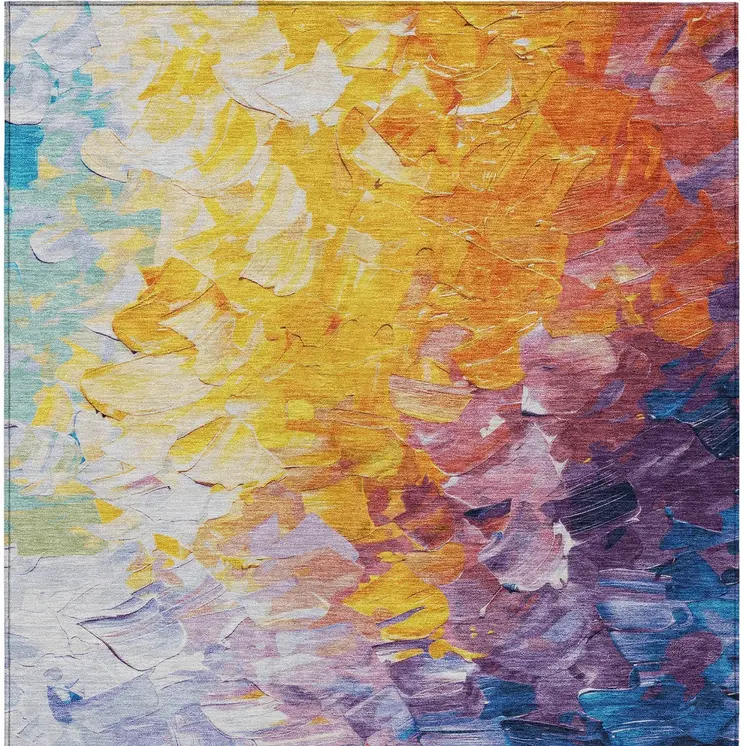 8' X 10' Gold Yellow Teal Blue And Lavender Abstract Washable Indoor Outdoor Area Rug