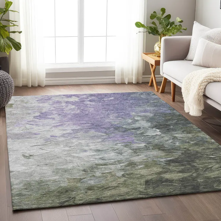 3' X 5' Lavender Olive Green And Silver Abstract Washable Indoor Outdoor Area Rug
