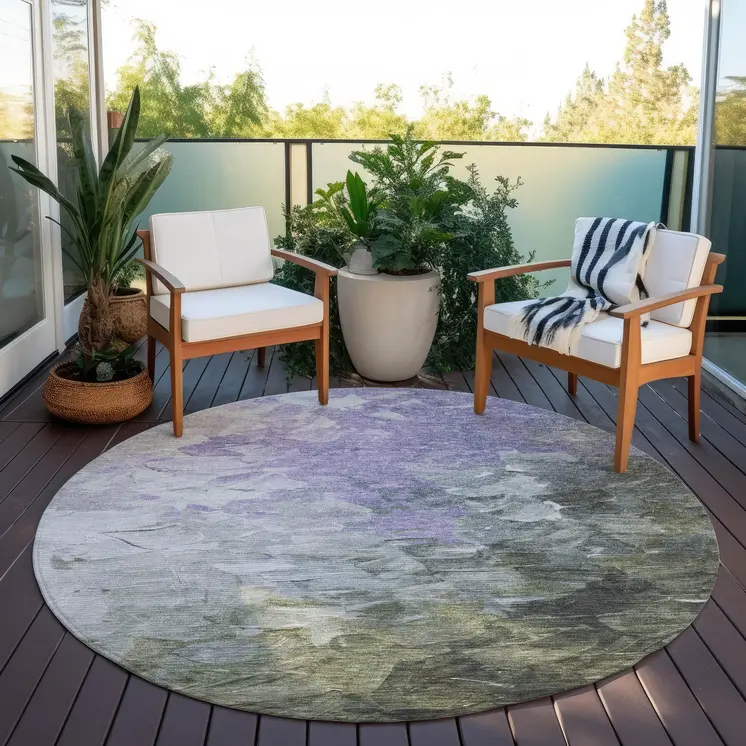 8' Lavender Olive Green And Silver Round Abstract Washable Indoor Outdoor Area Rug