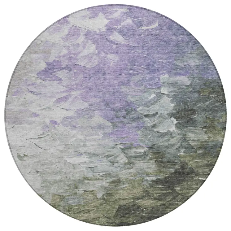 8' Lavender Olive Green And Silver Round Abstract Washable Indoor Outdoor Area Rug
