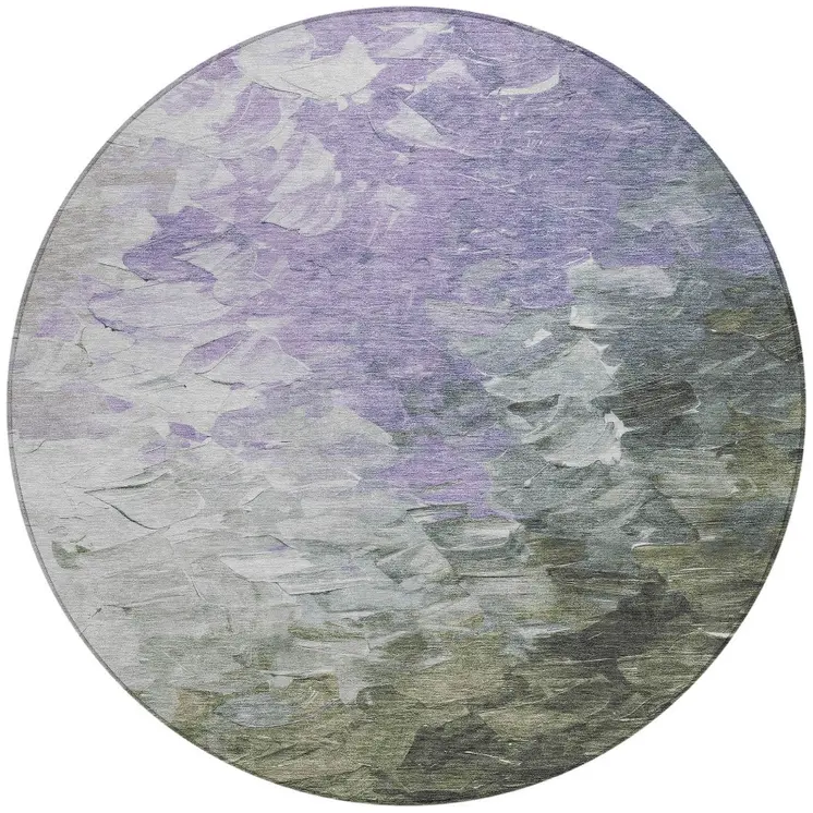 8' Lavender Olive Green And Silver Round Abstract Washable Indoor Outdoor Area Rug