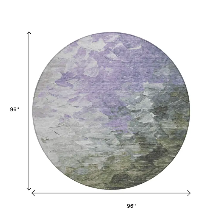 8' Lavender Olive Green And Silver Round Abstract Washable Indoor Outdoor Area Rug
