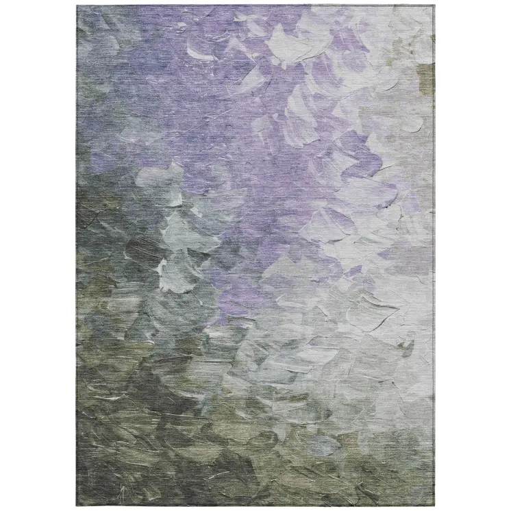 8' X 10' Lavender Olive Green And Silver Abstract Washable Indoor Outdoor Area Rug