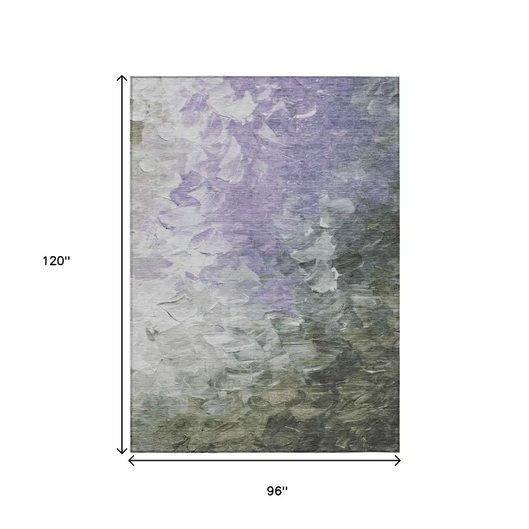 8' X 10' Lavender Olive Green And Silver Abstract Washable Indoor Outdoor Area Rug