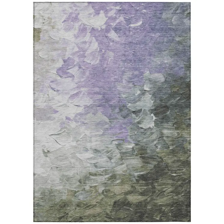 8' X 10' Lavender Olive Green And Silver Abstract Washable Indoor Outdoor Area Rug