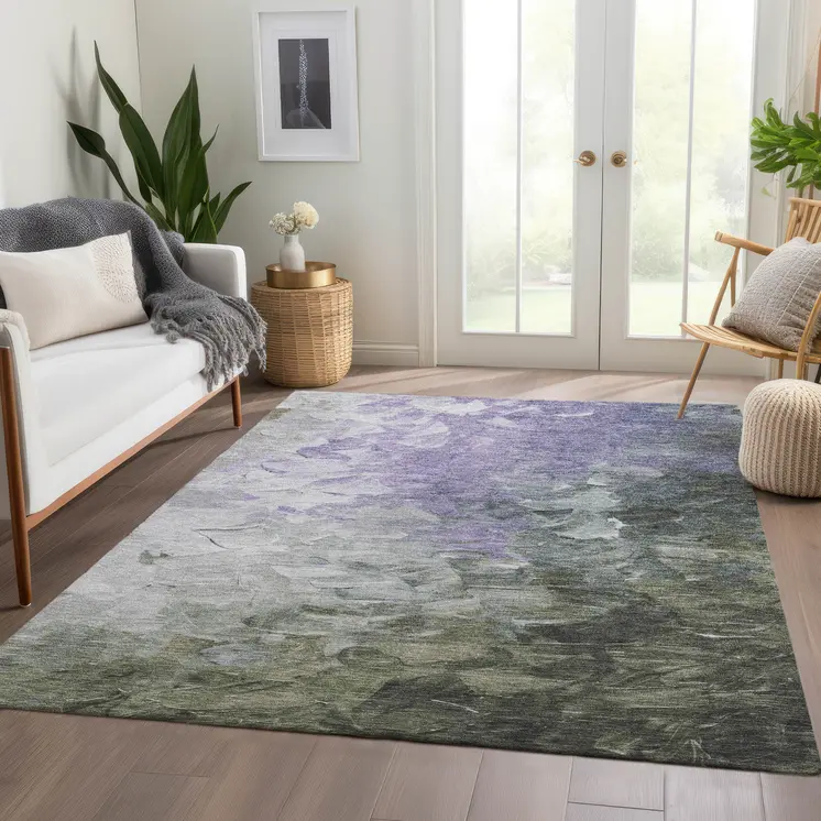 10' X 14' Lavender Olive Green And Silver Abstract Washable Indoor Outdoor Area Rug