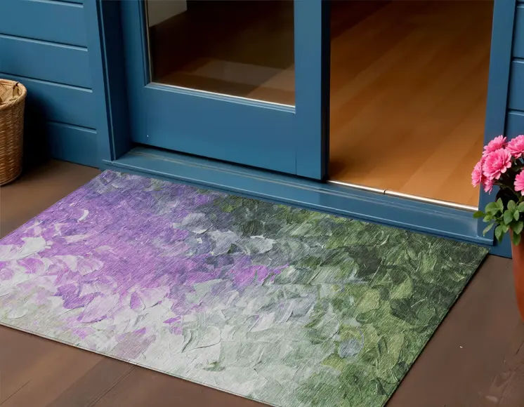 3' X 5' Purple Olive Green And Silver Abstract Washable Indoor Outdoor Area Rug