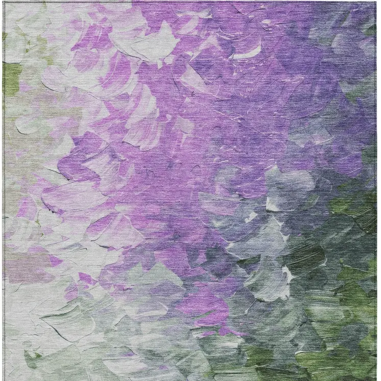 5' X 8' Purple Olive Green And Silver Abstract Washable Indoor Outdoor Area Rug