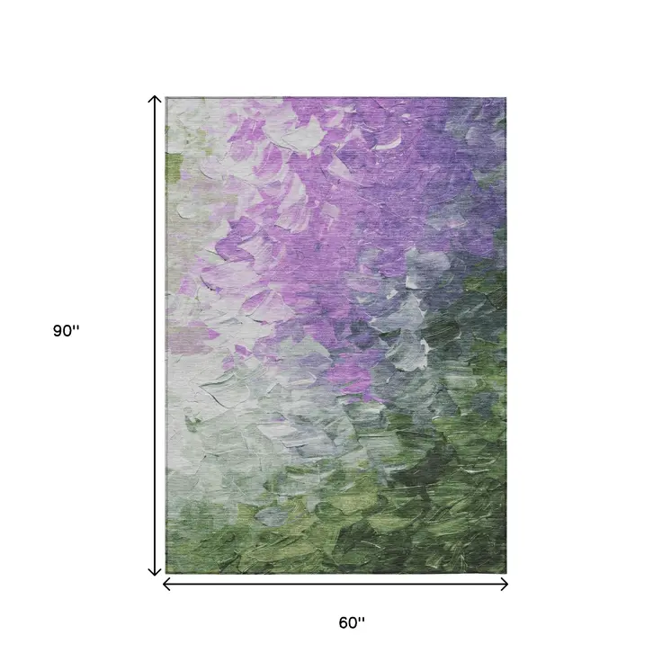 5' X 8' Purple Olive Green And Silver Abstract Washable Indoor Outdoor Area Rug