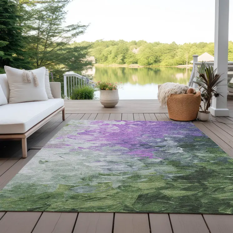 5' X 8' Purple Olive Green And Silver Abstract Washable Indoor Outdoor Area Rug