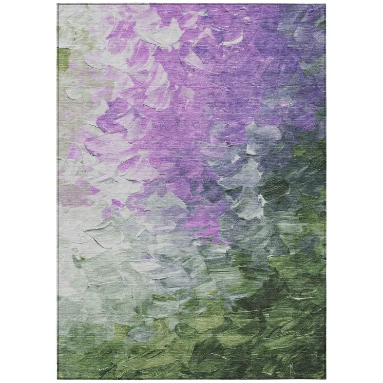 5' X 8' Purple Olive Green And Silver Abstract Washable Indoor Outdoor Area Rug