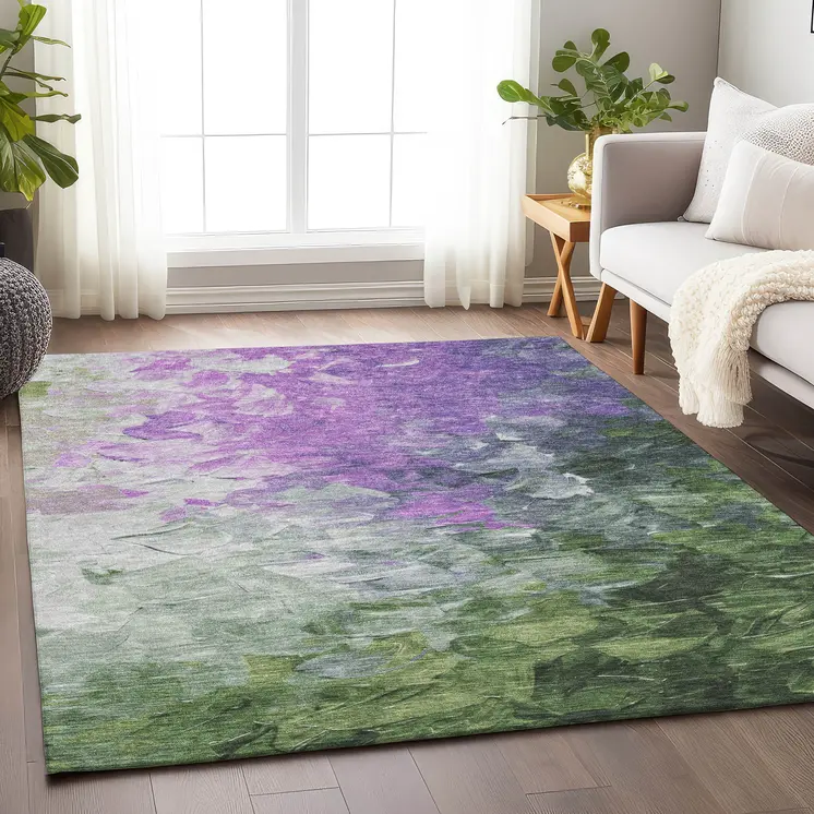 5' X 8' Purple Olive Green And Silver Abstract Washable Indoor Outdoor Area Rug
