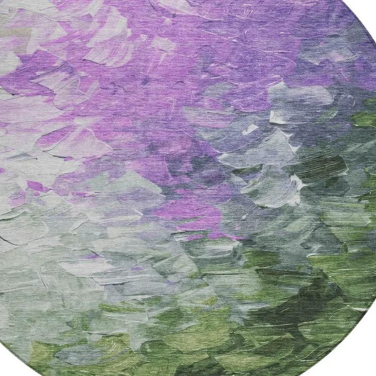 8' Purple Olive Green And Silver Round Abstract Washable Indoor Outdoor Area Rug