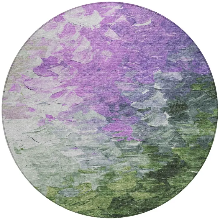 8' Purple Olive Green And Silver Round Abstract Washable Indoor Outdoor Area Rug