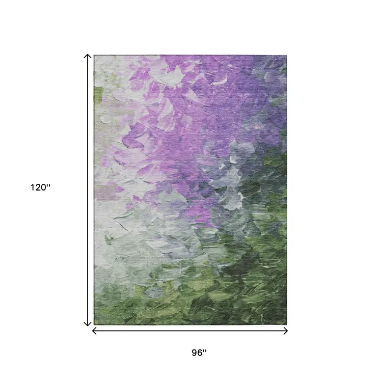 8' X 10' Purple Olive Green And Silver Abstract Washable Indoor Outdoor Area Rug