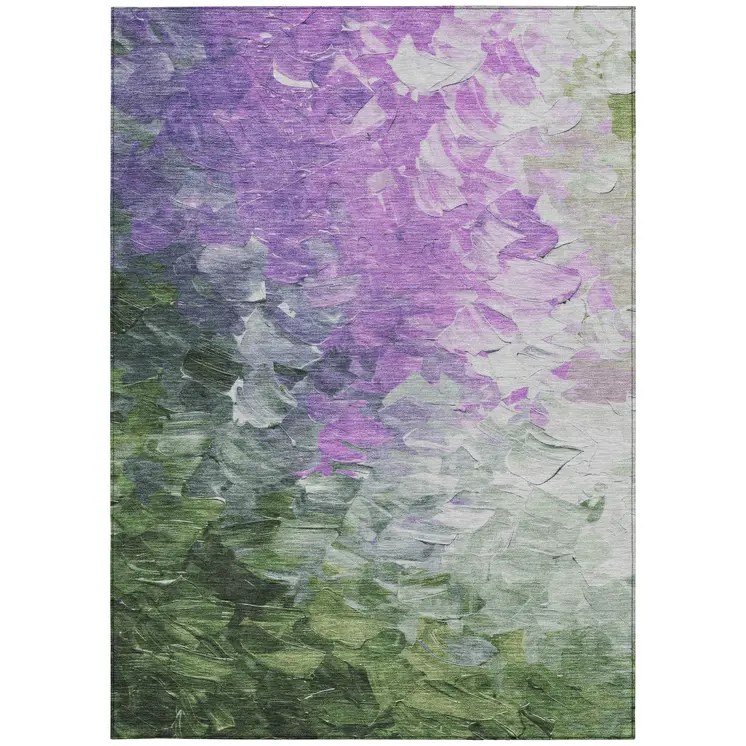 10' X 14' Purple Olive Green And Silver Abstract Washable Indoor Outdoor Area Rug