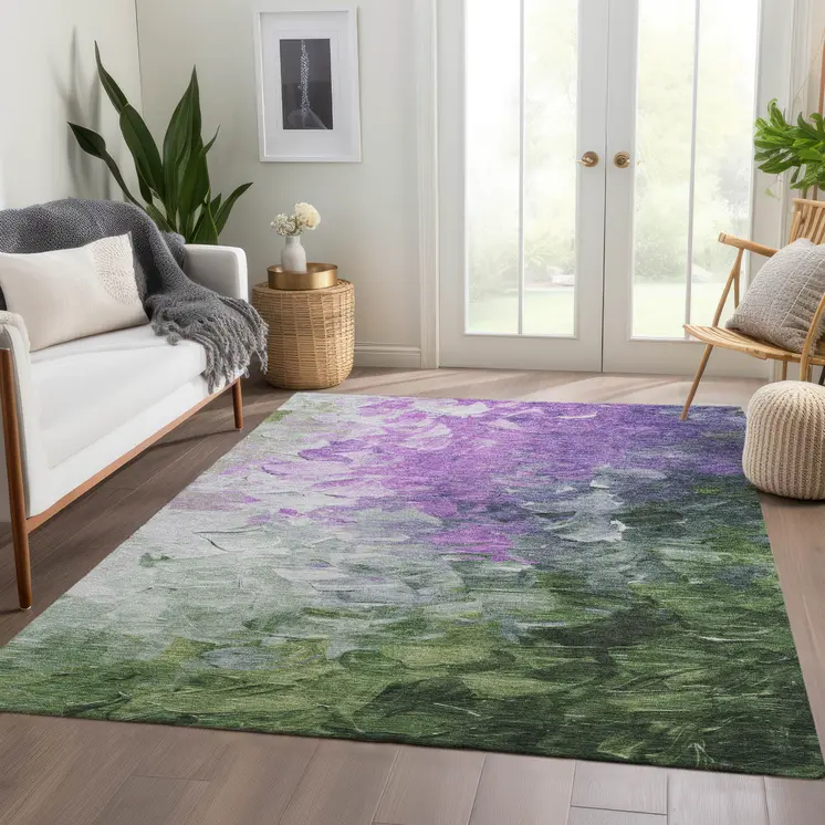 10' X 14' Purple Olive Green And Silver Abstract Washable Indoor Outdoor Area Rug