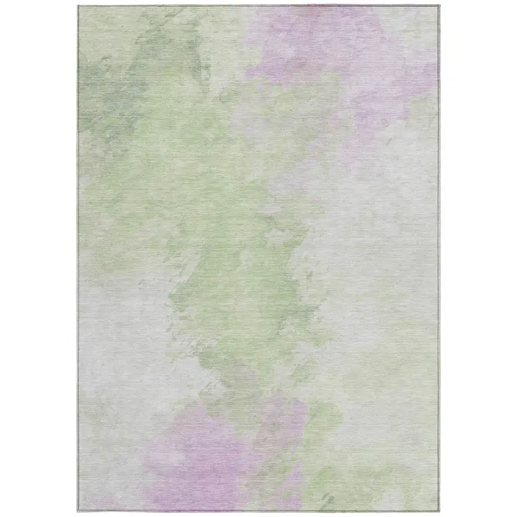 5' X 8' Artichoke Green Lavender And Ivory Abstract Washable Indoor Outdoor Area Rug