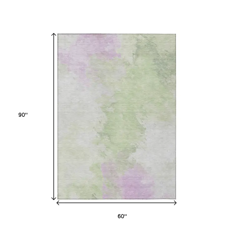 5' X 8' Artichoke Green Lavender And Ivory Abstract Washable Indoor Outdoor Area Rug