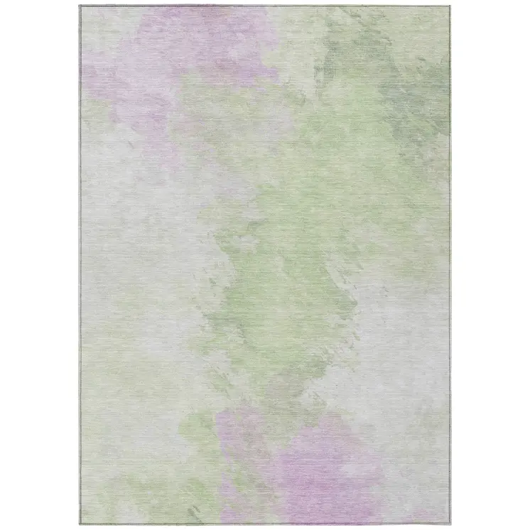 5' X 8' Artichoke Green Lavender And Ivory Abstract Washable Indoor Outdoor Area Rug