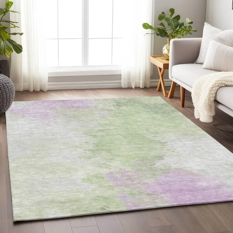 5' X 8' Artichoke Green Lavender And Ivory Abstract Washable Indoor Outdoor Area Rug