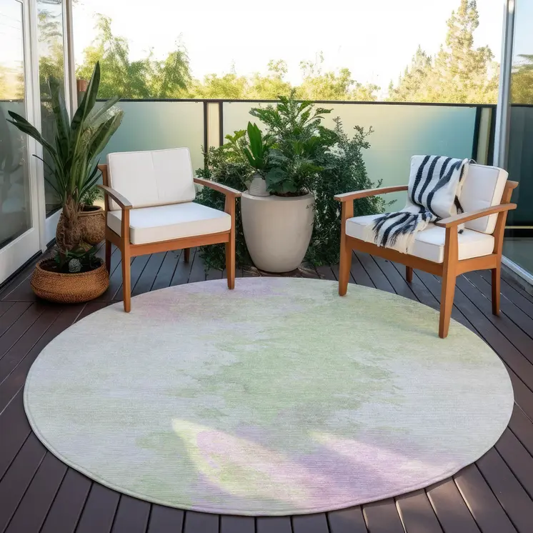 8' Artichoke Green Lavender And Ivory Round Abstract Washable Indoor Outdoor Area Rug