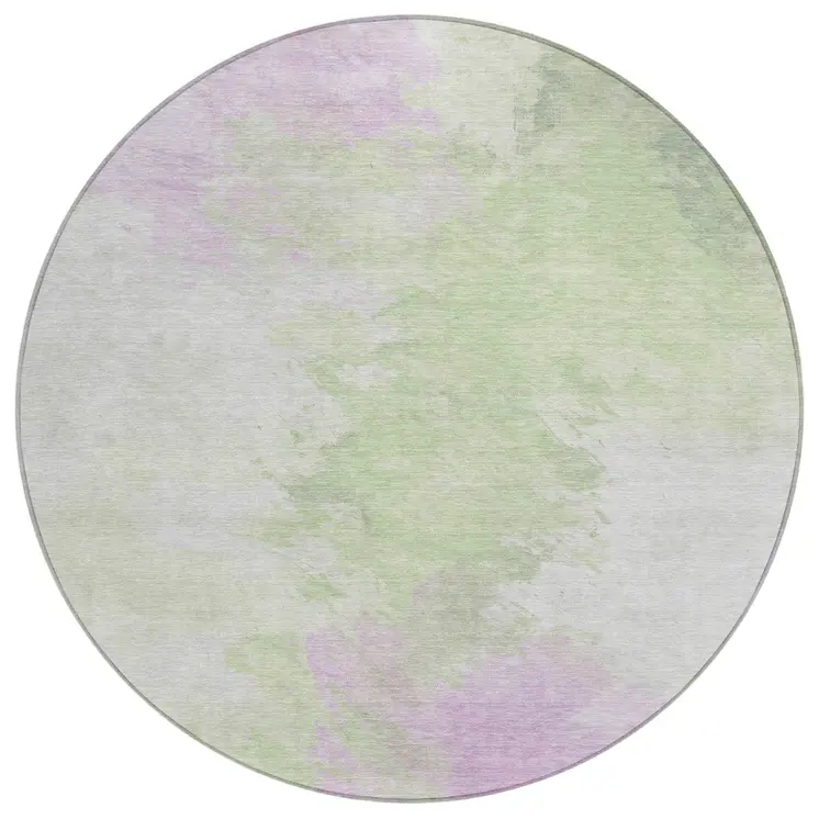8' Artichoke Green Lavender And Ivory Round Abstract Washable Indoor Outdoor Area Rug