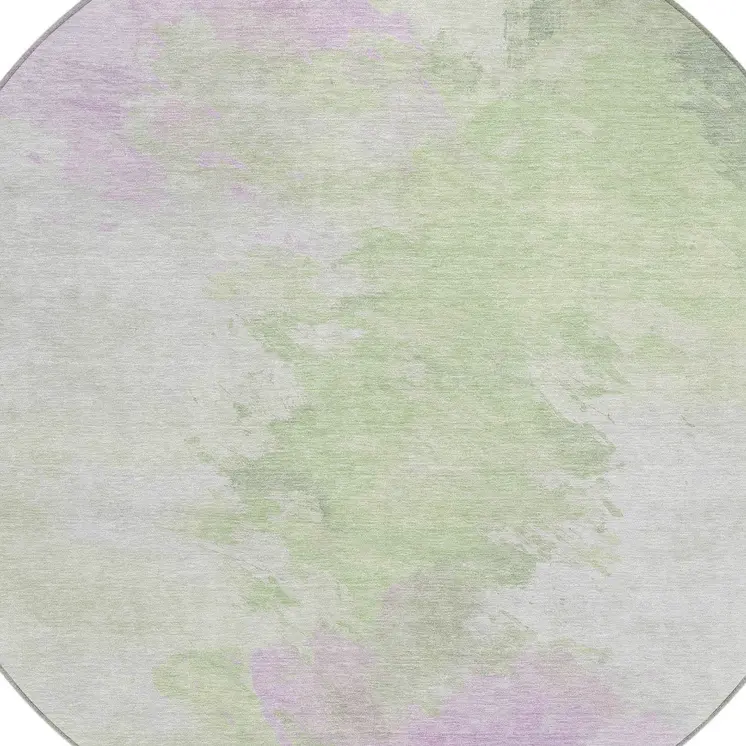 8' Artichoke Green Lavender And Ivory Round Abstract Washable Indoor Outdoor Area Rug