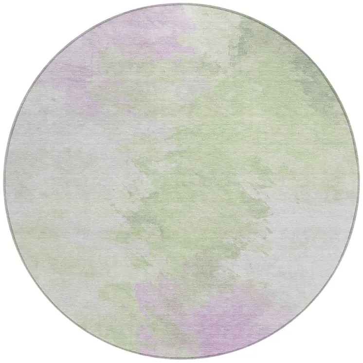 8' Artichoke Green Lavender And Ivory Round Abstract Washable Indoor Outdoor Area Rug