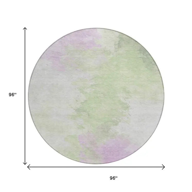 8' Artichoke Green Lavender And Ivory Round Abstract Washable Indoor Outdoor Area Rug