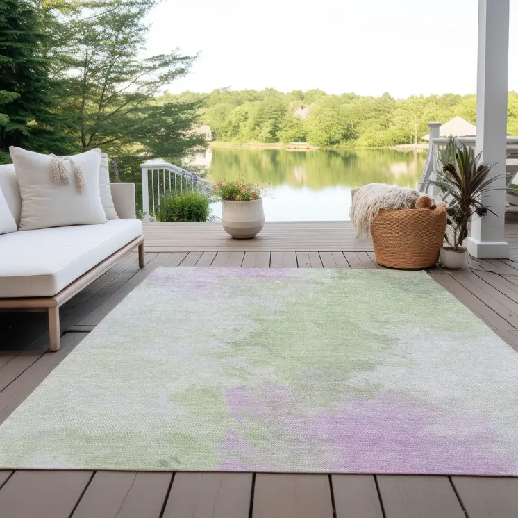 8' X 10' Artichoke Green Lavender And Ivory Abstract Washable Indoor Outdoor Area Rug