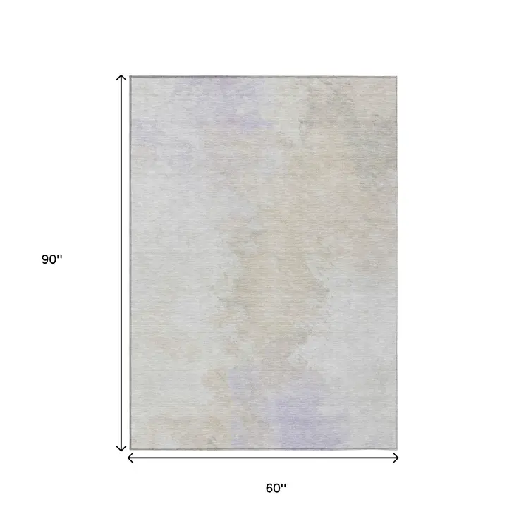 5' X 8' Beige Ivory And Lavender Abstract Washable Indoor Outdoor Area Rug
