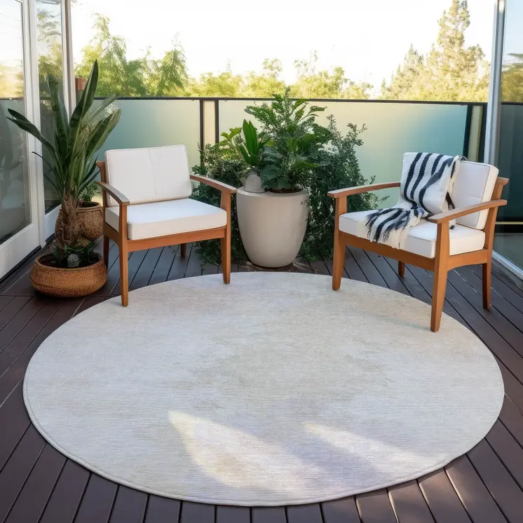 8' Beige Ivory And Lavender Round Abstract Washable Indoor Outdoor Area Rug