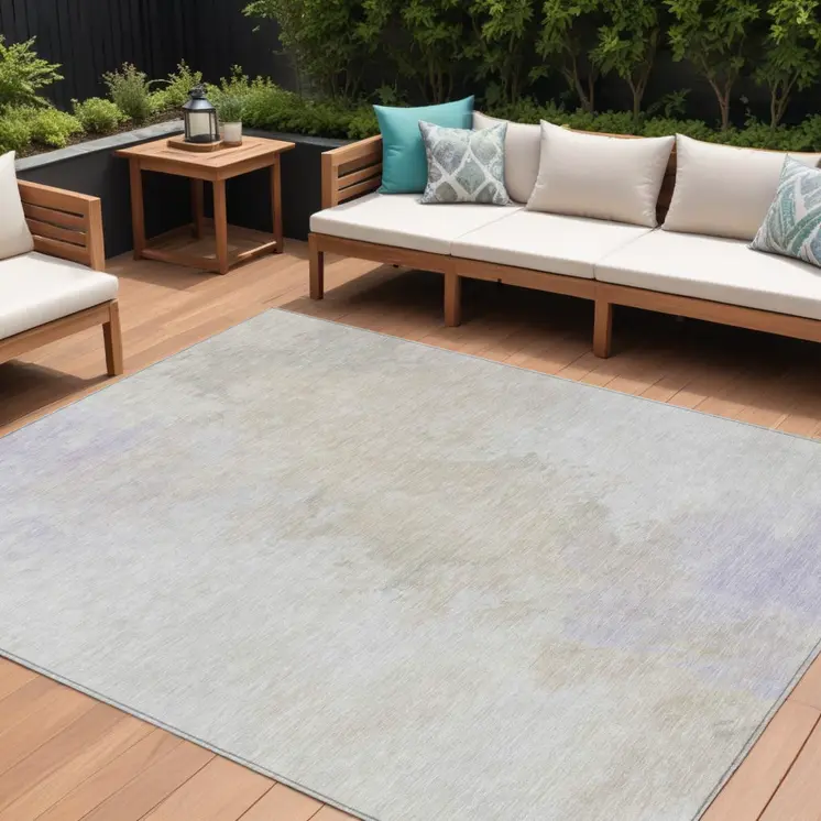 8' X 10' Beige Ivory And Lavender Abstract Washable Indoor Outdoor Area Rug