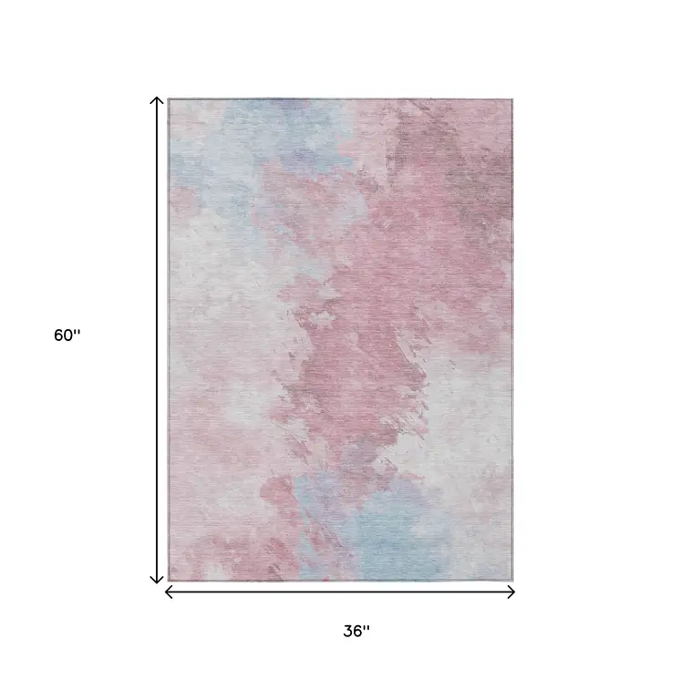 3' X 5' Blush Ivory And Blue Abstract Washable Indoor Outdoor Area Rug