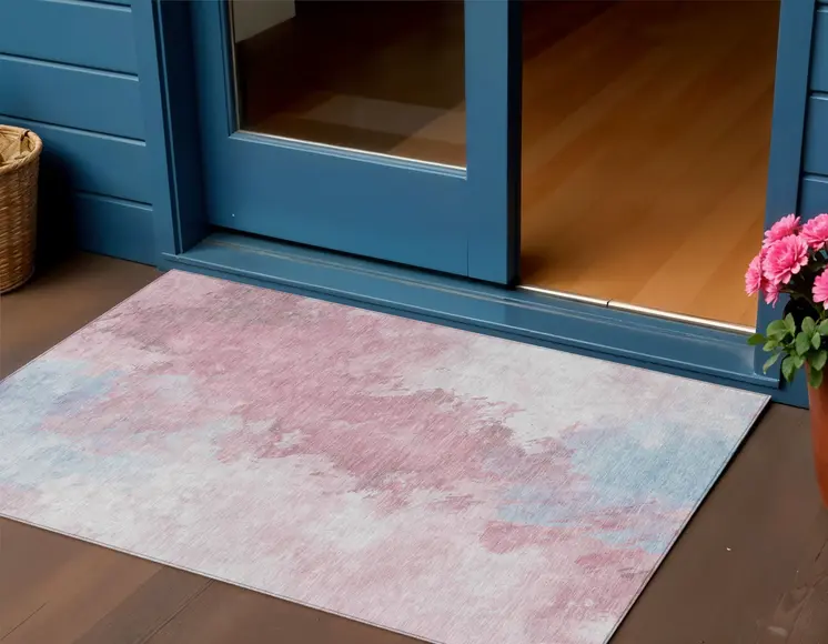 3' X 5' Blush Ivory And Blue Abstract Washable Indoor Outdoor Area Rug