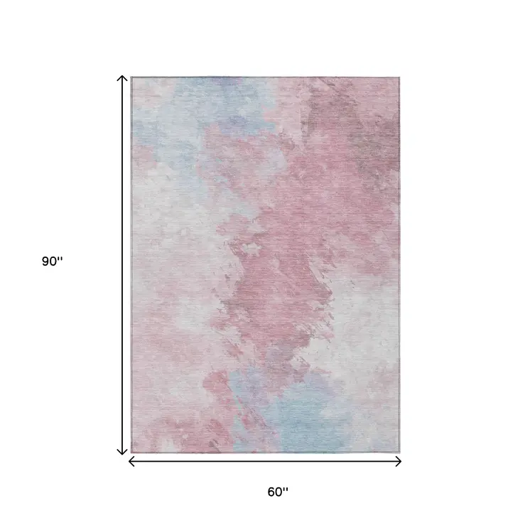 5' X 8' Blush Ivory And Blue Abstract Washable Indoor Outdoor Area Rug