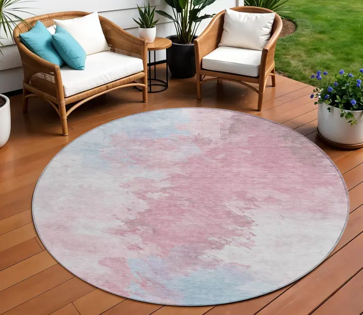 8' Blush Ivory And Blue Round Abstract Washable Indoor Outdoor Area Rug