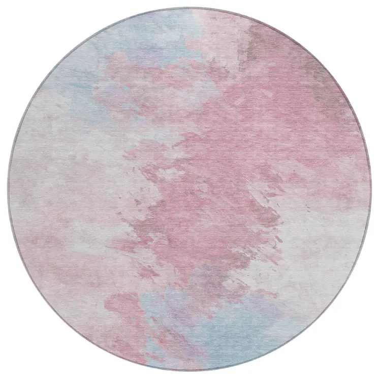 8' Blush Ivory And Blue Round Abstract Washable Indoor Outdoor Area Rug