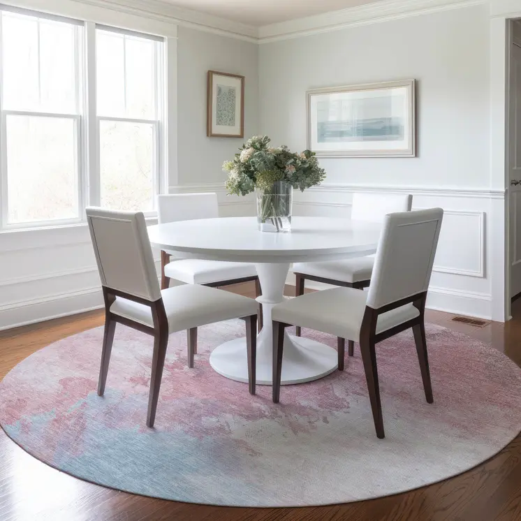 8' Blush Ivory And Blue Round Abstract Washable Indoor Outdoor Area Rug