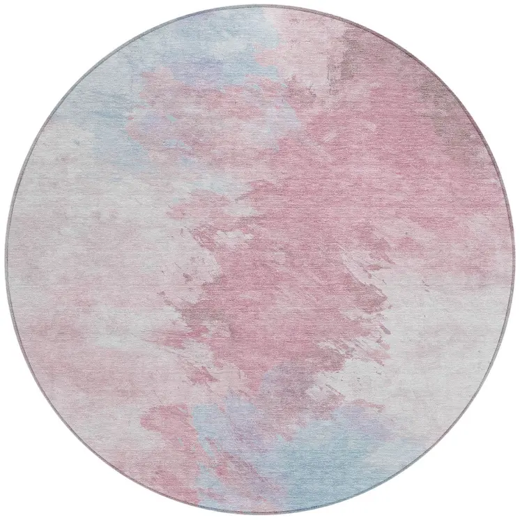 8' Blush Ivory And Blue Round Abstract Washable Indoor Outdoor Area Rug
