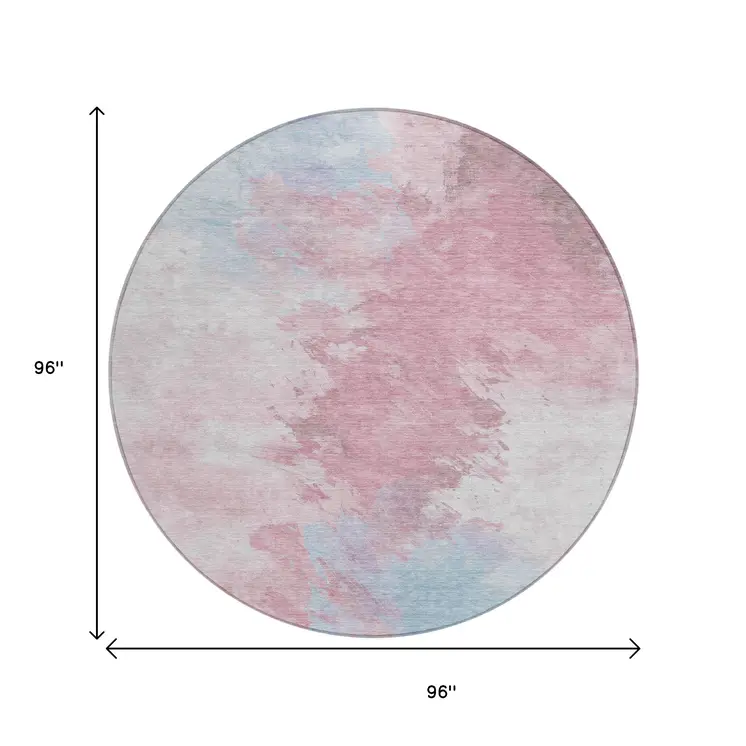 8' Blush Ivory And Blue Round Abstract Washable Indoor Outdoor Area Rug