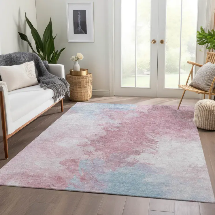 10' X 14' Blush Ivory And Blue Abstract Washable Indoor Outdoor Area Rug