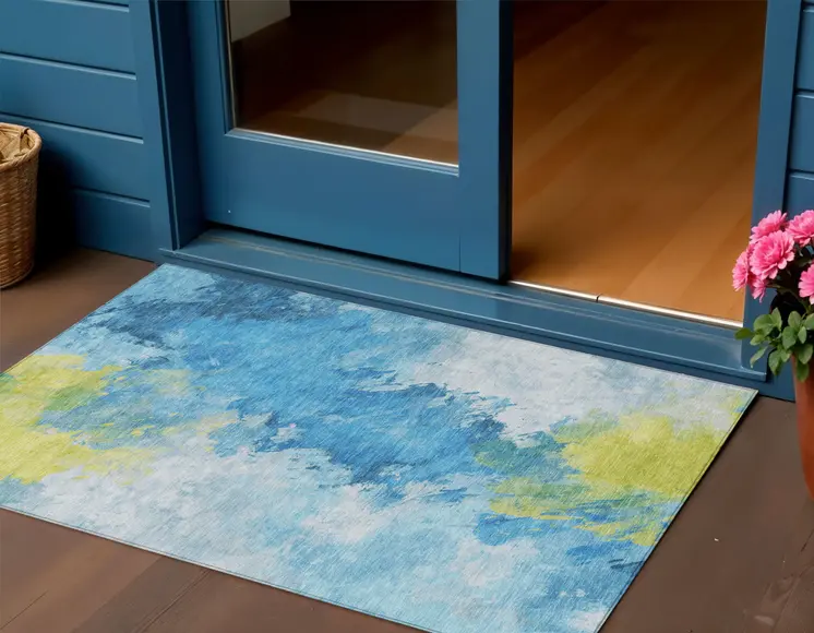3' X 5' Blue Yellow And Ivory Abstract Washable Indoor Outdoor Area Rug