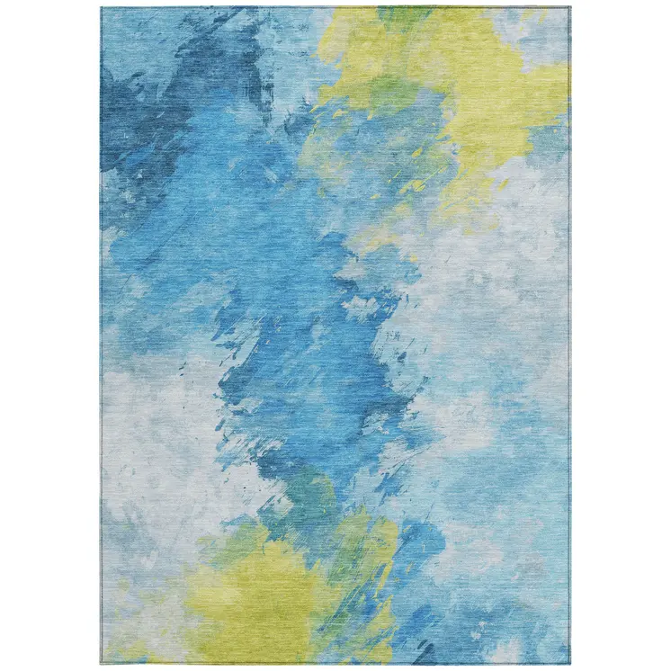 3' X 5' Blue Yellow And Ivory Abstract Washable Indoor Outdoor Area Rug